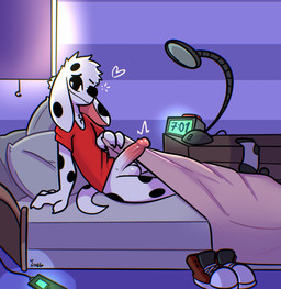 alarm_clock anthro balls bed bedroom bedroom_eyes black_spots bottomless bottomless_anthro bottomless_male chest_tuft clock clothed clothing erection floppy_ears fur furniture genitals half-closed_eyes heart_symbol humanoid_genitalia humanoid_penis inviting looking_at_viewer lying lying_on_bed male markings morning_wood narrowed_eyes on_bed penis pillow pink_penis red_clothing red_shirt red_topwear seductive shirt smile smiling_at_viewer smirk smug smug_face solo spots spotted_body spotted_fur topwear tuft under_covers white_body white_fur xing1 canid canine canis dalmatian domestic_dog mammal 2022 absurd_res hi_res