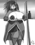 ahoge alcohol anthro asian_clothing beverage big_breasts breast_implants breasts clothed clothing east_asian_clothing female fingers hair huge_breasts japanese_clothing kimono melee_weapon nipple_chain nipple_piercing nipple_ring nipples odachi piercing ring_piercing sake solo sword topless topless_female weapon yakuza shonuff tori_saito avian bird penguin 2021 absurd_res digital_media_(artwork) hi_res monochrome