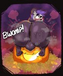 anthro balls big_balls big_butt blush bodily_fluids butt butt_expansion butt_focus expansion feet food fruit genitals hair huge_butt jack-o'-lantern magic male multicolored_body plant pumpkin purple_hair solo sweat text malafox mala_(malafox) bear giant_panda mammal hi_res