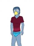 anthro blue_clothing blue_underwear clothing male maroon_shirt simple_background solo underwear white_background fuze texnatsu josh_oliver avian bird bluebird oscine passerine thrush_(bird) 3:4 hi_res