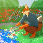 anthro bottomwear bouquet clothing flower flower_bouquet fluffy fluffy_tail garden gardener green_eyes green_hair hair male pants plant shirt solo tail topwear netiscraft canid canine fox mammal 1:1 hi_res