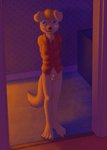 animal_genitalia anthro balls black_nose blonde_hair blue_eyes blush bottomless bottomless_anthro bottomless_male casual_exposure clothed clothing doorway flaccid french_artist fully_sheathed genitals hair hands_behind_back looking_at_viewer male pajamas partially_clothed penis red_clothing sheath solo standing_in_doorway wallpaper_(decoration) young young_anthro chokodonkey conditional_dnp canid canine canis domestic_dog mammal hi_res