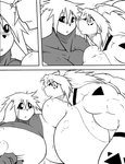 anthro bandai_namco big_breasts biped blush breast_squish breasts claws comic confusion digimon digimon_(species) duo ear_markings facial_markings female fingers growth guilmon hair head_markings long_ears markings monochrome muscle_growth muscular muscular_female nipples ryuakira scalie shocked simple_background squish symbol terriermon white_background