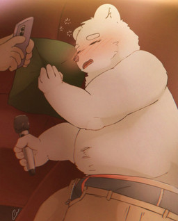 anthro belly blush bottomwear bulge cellphone clothing disembodied_hand drunk duo electronics eyes_closed fur humanoid_hands kemono lying male microphone navel overweight overweight_male pants phone smartphone solo_focus substance_intoxication underwear white_body white_fur 10_cosmo_24 bear mammal polar_bear ursine 2021 hi_res