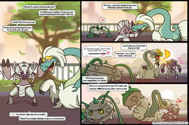 ambiguous_gender angry anthro bodily_fluids cross-popping_vein dialogue duo embarrassed feral fire gameplay_mechanics group hand_holding hand_waving happy heart_symbol hug humor laugh love male male/ambiguous motion_lines park plant scared sunset sweat sweatdrop text thought_bubble tree trio sb_torchic nintendo pokemon drampa ferrothorn generation_5_pokemon generation_7_pokemon golisopod pokemon_(species) comic english_text