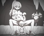 after_birth armor armor_stand balls bodily_fluids breastfeeding breasts cave chain collar contemplating eyelashes female female_human genitals hair hands_on_ground happy humanoid_genitalia humanoid_penis larger_female larger_human long_hair male male/female male_humanoid melee_weapon nipples not_furry nude nude_female nude_male penis pregnant sitting size_difference slave smaller_humanoid smaller_male spread_legs spreading sweat sword umbilical_cord weapon hippo_power goblin human humanoid mammal censored comic hi_res monochrome mosaic_censorship