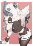 alternative_fashion ambiguous_gender anthro biped blue_body border bottomwear clothed clothing fur j-fashion looking_at_viewer red_background red_eyes side_view simple_background skirt solo white_body white_border white_fur wings zinfyu nintendo pokemon lute_(zinfyu) generation_6_pokemon mega_absol mega_evolution pokemon_(species) absurd_res digital_media_(artwork) hi_res signature