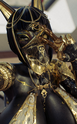 anthro big_breasts black_body black_hair breasts clothed clothing female front_view gold_(metal) gold_jewelry golden_markings hair jewelry looking_at_viewer selfie skimpy solo furry_ghosty bom39_(modeler) egyptian_mythology middle_eastern_mythology mythology anubis anubis_(bom39) canid canine canis deity jackal mammal 2024 3d_(artwork) absurd_res bust_portrait digital_media_(artwork) hi_res huge_filesize portrait