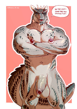 anthro balls big_balls big_muscles big_nipples big_penis border crossed_arms dialogue flaccid foreskin front_view genitals horn humanoid_genitalia humanoid_penis long_foreskin looking_at_viewer loose_foreskin male muscular muscular_anthro muscular_male navel nipple_piercing nipple_ring nipples nude open_mouth pec_squish pecs penis piercing pink_background ring_piercing scales sharp_teeth simple_background solo squish standing talking_to_viewer teeth text tongue unretracted_foreskin white_border banana_da_boi microsoft the_elder_scrolls argonian reptile scalie 2021 absurd_res english_text hi_res url