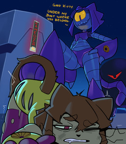 1_eye anthro ass_up biped bruised bruised_face clenched_teeth clothing defeated_heroine dialogue duo evil_grin exhausted feet female female/female female_dominating_female foot_on_butt furrowed_eyebrows game_over gameplay_mechanics hair hand_on_hip helpless night one_eye_closed pinned pinned_to_ground pupils red_eyes red_sclera segmented_body sharp_teeth short_hair slit_pupils smile stepped_on teeth torn_clothing whiskers wide_hips yellow_sclera pulsefailure gameoverse glitch_productions kit_bodega malice_(gameoverse) domestic_cat felid feline felis mammal robot_anthro 2026 hi_res