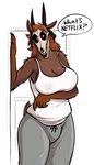 anthro big_breasts bone bottomwear bovid_horn breasts brown_body brown_fur caprine_horn clothed clothing curved_horn female fur horn nipple_outline pants ram_horn shirt skull skull_head sweatpants tank_top text topwear keadanger scp_foundation fan_character scp-1471-a canid canine malo malo_0.9 mammal monster undead absurd_res hi_res lol_comments