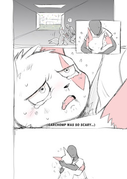 anthro arena bodily_fluids crying dialogue duo fur hug red_body red_fur scared size_difference tears text white_body white_fur yamatokuroko965 nintendo pokemon generation_3_pokemon human mammal pokemon_(species) zangoose 2020 comic english_text hi_res