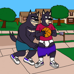 anthro assisted_exposure black_body black_fur black_nose blue_bottomwear blue_clothing blue_shorts blue_sky bottomwear briefs building bulge clothed clothing duo exposed_underwear eyebrows facial_hair fence footwear forced forced_exposure forced_undressing fur green_grass holding_basketball house mailbox male monotone_briefs monotone_clothing monotone_underwear mustache open_mouth open_smile outside pantsing plant prank shorts sidewalk sky smile socks street tan_body tan_fur teasing teeth_showing thick_eyebrows tighty_whities topless topless_anthro topless_male tree underwear undressing white_briefs white_clothing white_footwear white_socks white_tennis_shoes white_underwear eddicus edgar_(eddicus) joel_(eddicus) canid canine canis domestic_dog husky mammal nordic_sled_dog spitz 1:1 hi_res brother_(lore) brothers_(lore) sibling_(lore)