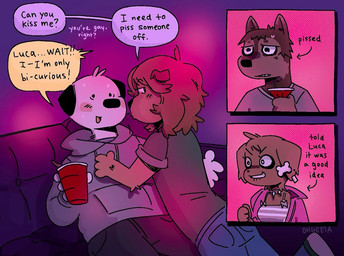 about_to_kiss anthro black_nose blush bodily_fluids brown_body brown_fur clothing collar dialogue drunk ear_piercing eyeliner female fur furniture group hoodie jealous looking_away makeup male male/male nervous nervous_smile piercing sofa solo_cup speech_bubble substance_intoxication sweat text topwear white_body white_fur ohgeeia canid canine canis domestic_dog mammal 2025 comic english_text