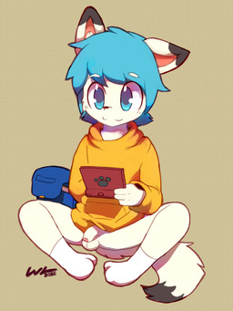 anthro backpack balls biped bottomless clothed clothing electronics flaccid footwear foreskin front_view game_console genitals hoodie humanoid_genitalia humanoid_penis legwear male partially_retracted_foreskin pattern_background penis shota simple_background sitting smile socks solo topwear young young_anthro whiteleo nintendo nintendo_ds nintendo_ds_family maniacalmercury canid canine fox mammal 3:4 hi_res signature