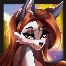 anthro black_nose blue_sky blurred_background blush cheek_tuft day eyebrows eyelashes facial_tuft female inner_ear_fluff looking_at_viewer outside sky solo teeth text tuft white_inner_ear_fluff yellow_eyes mayrin_(artist) mammal 1:1 2023 absurd_res artist_name bust_portrait dated hi_res icon portrait