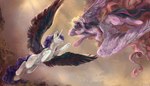 2020 absurd_res alternate_species cloud dedalekha detailed_background duo equid equine feathered_wings feathers female feral friendship_is_magic fur halo hasbro hi_res horn inspired_by_formal_art looking_at_another low-angle_view mammal mountain my_little_pony mythological_creature mythological_equine mythology purple_body purple_fur rarity_(mlp) reaching sky spread_wings the_creation_of_adam twilight_sparkle_(mlp) white_body white_fur winged_unicorn wings