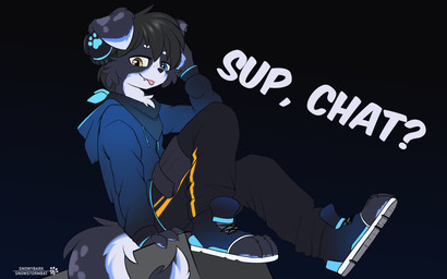 anthro bottomwear clothing electronics footwear gradient_background headphones heterochromia hoodie kerchief looking_at_viewer male pants paws shoes simple_background sitting snowdrift_(snowybark) solo text tongue tongue_out topwear snowybark snowdrift_(snowstormbat) border_collie canid canine canis collie domestic_dog herding_dog mammal pastoral_dog sheepdog 16:10 absurd_res hi_res widescreen