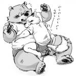 anthro athletic_wear barefoot blush bottomwear bulge clothing duo eyes_closed feet gym_uniform hug male male/male open_mouth overweight shirt shorts simple_background sitting size_difference t-shirt text topwear uniform white_background conoji bear canid canine canis domestic_dog mammal 2017 greyscale japanese_text monochrome