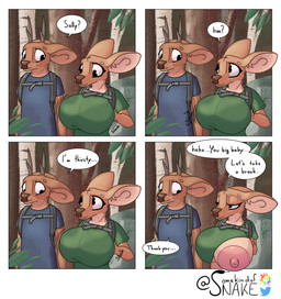 anthro antlers areola backpack bedroom_eyes big_areola big_breasts big_ears big_nipples blue_clothing blue_shirt blue_topwear blush bodily_fluids breasts clothed clothing comic_panel dialogue duo erect_nipples female flustered forest forest_background fur green_clothing green_shirt green_topwear horn huge_breasts hyper hyper_breasts imminent_breastfeeding lactating lighter_belly male male/female narrowed_eyes nature nature_background nipples one_breast_out onomatopoeia pink_areola plant seductive shirt sloshing_breasts smile sound_effects speech_bubble talking_to_another talking_to_partner tan_body tan_fur teasing text topwear tree undressing somekindofsnake sally_(somekindofsnake) scott_(somekindofsnake) deer mammal absurd_res comic hi_res signature