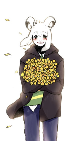 anthro biped blush bottomwear clothed clothing denim denim_bottomwear denim_clothing fangs flower fur green_eyes happy horn jacket jeans long_ears looking_at_viewer male pants petals plant simple_background smile solo standing teeth topwear white_background white_body white_fur wind koyashaka undertale undertale_(series) asriel_dreemurr boss_monster_(undertale) bovid caprine goat mammal