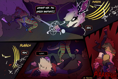 anthro attack attack_pose barefoot blonde_hair blood blood_on_face blood_on_leg blue_body blue_skin blue_tail bodily_fluids bottomwear brown_hair clothing countershading dialogue dominant dominant_male facial_piercing feet female forced forest fur green_body grey_body grey_fur group hair head_hit leg_bite leg_grab loincloth male markings melee_weapon nose_piercing on_top_of_another panel_skew piercing pink_body pink_skin pink_tail plant poncho prosthetic prosthetic_arm prosthetic_limb rape red_markings sex slashing speech_bubble sword tail text tree trio weapon wounded yellow_eyes waschbar carmine_mcscarra circe_(pankallisti) rivocie_(rawrzky) american_opossum lizard mammal marsupial murid murine rat reptile rodent scalie 3:2 absurd_res comic english_text hi_res