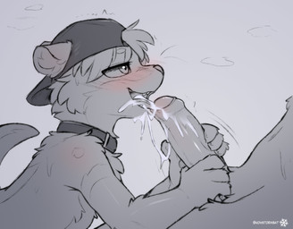 ambiguous_gender anthro backwards_baseball_cap backwards_hat baseball_cap blush bodily_fluids clothing collar cum cute_fangs duo ejaculation erection fangs foreskin foreskin_play furgonomic_headwear furgonomics genital_fluids genitals hat headgear headwear humanoid_genitalia humanoid_penis male male/ambiguous nude open_mouth oral partially_retracted_foreskin penis penis_grab tail teeth text snowybark adrian_(snowstormbat) mammal mustelid otter artist_name hi_res monochrome