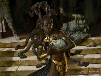 agalmatophilia apode architecture armlet armor belt black_body black_scales bottomwear bracelet bracers clothing dark dark_body dark_skin decapitation ear_piercing emerald_(gem) female gem girdle greaves inanimate_transformation jewelry legless living_hair loincloth melee_weapon necklace pauldron petrification piercing plate_mail pseudo_hair rock scales sculpture serpentine severed_body_part severed_head snake_hair solo split_form stairs statue sword text transformation weapon aaron_miller european_mythology greek_mythology hasbro magic:_the_gathering mythology wizards_of_the_coast draconcopode gorgon human hybrid lamia mammal reptile scalie snake english_text official_art