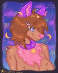 anthro big_breasts breasts brown_body brown_fur brown_hair collar collar_ring eyelashes fangs female fluffy fluffy_chest fluffy_ears fluffy_hair fur hair jewelry moon necklace night orange_eyes pink_body pink_fur pink_nose purple_body purple_fur sky solo star stars_in_hair teeth white_eyelashes yellow_eyes wafflesita_(artist) katsumi_(wafflesita) canid canine canis coyote hybrid mammal absurd_res digital_drawing_(artwork) digital_media_(artwork) digital_painting_(artwork) hi_res icon painting_(artwork)