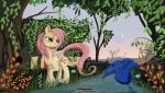 blue_eyes cutie_mark day detailed_background eyelashes feathered_wings feathers female feral flower grass hair hooves outside pink_hair plant solo standing tree wings yellow_body yellow_feathers auroriia friendship_is_magic hasbro my_little_pony mythology fluttershy_(mlp) equid equine mammal mythological_creature mythological_equine pegasus