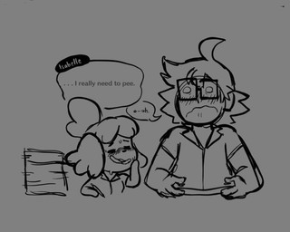 anthro aroused blush bodily_fluids clothing collared_shirt dialogue duo eyewear female genital_fluids glasses holding_nintendo_switch male nintendo_console rectangular_glasses shirt speech_bubble teasing text topwear urine watersports wearing_glasses raunchyriot animal_crossing nintendo nintendo_switch isabelle_(animal_crossing) canid canine canis domestic_dog human mammal shih_tzu toy_dog digital_drawing_(artwork) digital_media_(artwork) english_text monochrome