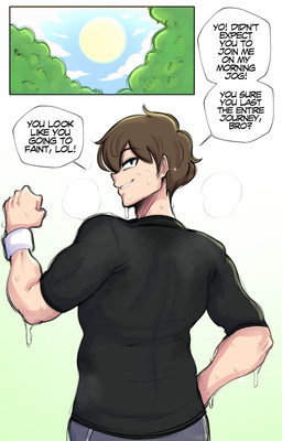 black_clothing black_topwear blue_sky bodily_fluids brown_hair clothing cloud dialogue hair looking_at_viewer looking_back looking_back_at_viewer male male_human not_furry sky solo sweat text topwear saltyxodium human mammal 2026 absurd_res comic english_text hi_res