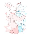 >_< anthro blue_clothing blue_shirt blue_topwear blush blush_lines clothing daww duo eyes_closed fur hug jacket kissing_forehead male pink_clothing pink_jacket pink_topwear romantic romantic_couple shirt slim_anthro slim_male topwear white_body white_fur bunonthemoon lagomorph leporid mammal rabbit 2023 pastel_theme