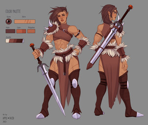 abs arm_scar armwear bottomwear brown_armwear brown_bottomwear brown_clothing brown_eyes brown_hair brown_legwear brown_loincloth brown_topwear clothed clothing facial_scar female front_view grey_background hair hand_on_hip holding_melee_weapon holding_object holding_sword holding_weapon humanoid_pointy_ears leg_scar legwear loincloth melee_weapon mouth_closed muscular muscular_female muscular_humanoid not_furry pointy_ears scar sidecut simple_background solo standing sword tan_body tan_skin topwear weapon apple-faced humanoid hi_res
