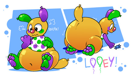 3_toes abstract_background anthro balloon balloon_animal big_butt bottomless butt cheek_markings clothed clothing clown_nose excited facial_markings feet glistening glistening_butt green_feet green_pawpads head_markings huge_butt hyper hyper_butt inflatable male markings monobutt nervous oblivious onomatopoeia open_mouth pawpads paws presenting presenting_hindquarters purple_feet purple_pawpads reaching_for_object shirt solo sound_effects tail text thick_thighs toes topwear topwear_only wide_hips wiggle_lines yellow_body pawplants blushcrunch_studio dandy's_world looey_(dandy's_world) animate_inanimate living_inflatable toon_(dandy's_world) english_text hi_res