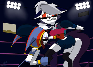 absolute_territory anthro blue_bra blue_clothing blue_eyes blue_sports_bra blue_underwear bodily_fluids bottomwear boxing boxing_gloves bra breasts brown_hair clenched_teeth clothed clothed_anthro clothed_female clothed_human clothing collar digitigrade duo female fighting_ring fool's_hat fur grey_body grey_fur grey_hair gut_punch hair handwear hat headgear headwear inside larger_anthro legwear long_hair midriff multicolored_eyes pain pink_bra pink_clothing pink_sports_bra pink_underwear ponytail punch pupils red_eyes red_sclera shorts size_difference slit_pupils smaller_human spiked_collar spikes sport sports_bra stadium_lighting sweat tail teeth thigh_highs underwear white_body white_eyes white_fur white_skin wide_hips starpaintart glitch_productions hellaverse helluva_boss mythology the_amazing_digital_circus loona_(helluva_boss) pomni_(tadc) canid canid_demon canine demon hellhound human mammal mythological_canine mythological_creature 2024 absurd_res hi_res
