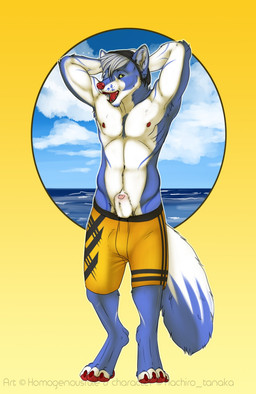 animal_genitalia anthro armpit_tuft athletic athletic_anthro athletic_male beanie blue_body blue_fur clothed clothing fur genitals hands_behind_head hat headgear headwear looking_at_viewer male male_anthro nipples open_mouth penis penis_tip sea sheath solo standing swimming_trunks swimwear tail teeth tongue topless topless_anthro topless_male water white_body white_fur themutt canid canine canis mammal wolf 2015 hi_res