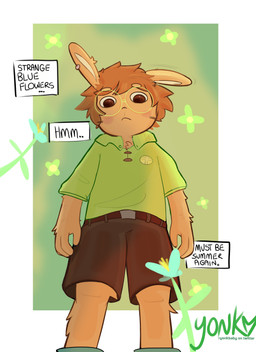 anthro brown_hair clothed clothing collared_shirt curious dialogue dress_shirt eyewear floppy_ears flower fur glasses gradient_background green_clothing green_shirt green_topwear hair male orange_body orange_fur piercing plant shirt simple_background solo standing text thinking topwear wearing_glasses yonkbunny lagomorph leporid mammal rabbit absurd_res english_text hi_res