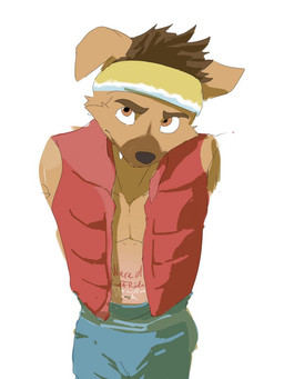 accessory anthro body_writing clothing headband male solo topwear vest minnakawaiinyo raww_(forgotten_island) canid canine mammal 3:4 hi_res