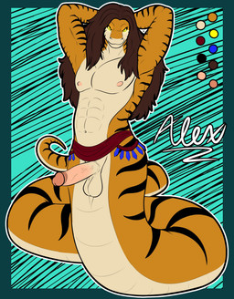 abs anthro apode balls black_sclera bottomwear brown_hair clothing erection genitals glans hair hands_behind_head humanoid_genitalia humanoid_penis legless loincloth long_hair looking_at_viewer male muscular muscular_anthro muscular_male nipples orange_body pecs penis pupils serpentine slit_pupils smile smiling_at_viewer solo striped_body stripes yellow_eyes alexander717_(artist) alexander717 draconcopode naga hi_res