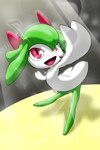 clothed clothing female green_body green_hair hair performance performing red_eyes smile spotlight spotlight_beam vulapa nintendo pokemon kitana_(vulapa) generation_3_pokemon kirlia pokemon_(species) 2:3 hi_res