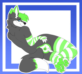 anthro anus blue_eyes butt clothing fur green_anus green_body green_fur green_hair green_pawpads green_paws grey_body grey_fur hair legwear lying male multicolored_clothing multicolored_legwear multicolored_thigh_highs nude on_side pawpads presenting presenting_anus presenting_hindquarters solo spread_butt spreading thigh_highs white_body white_fur unknown_artist kory_the_fox canid canine fox mammal absurd_res hi_res