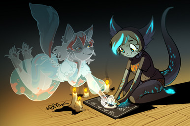 anthro bioluminescence bioluminescent_pawpads biped black_body black_clothing black_hair black_nose black_shirt black_topwear blush blush_lines bodily_fluids candle claws closed_smile clothed clothing dress duo eyebrows female female/female fire flying glowing hair highlights_(coloring) holidays inner_ear_fluff inside kneeling looking_at_another looking_at_object mouth_closed ouija_board pawpads planchette red_highlights shirt short_hair smile sweat tail topwear translucent translucent_body translucent_clothing translucent_dress tuft white_hair somik ac/dc halloween mythology canid canine canis dragon ghost mammal mythological_creature mythological_scalie scalie spirit wolf 2020 gynomorph_(lore)