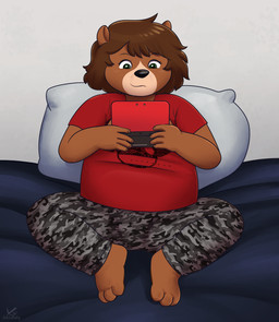 anthro barefoot bed bedroom brown_body brown_fur brown_hair clothed clothing electronics facial_markings feet female fur furniture game_console gaming green_eyes hair head_markings lying lying_on_bed markings muzzle_(marking) on_bed pillow playing_video_game shirt solo t-shirt topwear zeklullaby nintendo nintendo_3ds nintendo_ds_family caoimhe_lundin bear mammal digital_media_(artwork) hi_res nonbinary_(lore) trans_(lore)
