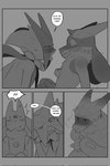 ambiguous_gender anthro biped blush bodily_fluids chest_spike comic dialogue duo ears_back english_text front_view fur generation_4_pokemon generation_9_pokemon hi_res lucario meowscarada monochrome motion_lines nintendo pivoted_ears pokemon pokemon_(species) pupils question_mark samu_(sincastermon) side_view simple_eyes sincastermon slit_pupils speech_bubble spikes spikes_(anatomy) sweat sweatdrop text vine_(sincastermon)