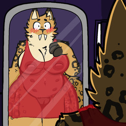 anthro aroused_by_self belly_nipples big_breasts blush breasts clothing fangs female genitals lingerie looking_at_mirror looking_at_object mirror multi_nipple nipples sabertooth_(anatomy) slightly_chubby solo tail teeth translucent translucent_clothing translucent_lingerie vulva trout_(artist) sabertooth_(trout) felid mammal prehistoric_species saber-toothed_tiger 1:1