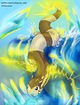 abstract_background banded_body black_eyes electricity open_mouth pose solo text three-quarter_view nintendo pokemon furret generation_2_pokemon mammal mustelid pokemon_(species) 2021 digital_drawing_(artwork) digital_media_(artwork) english_text full-length_portrait portrait shaded simple_shading url