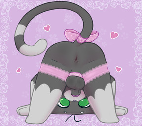 accessory all_fours anthro anus balls black_body black_fur bow_ribbon butt butt_focus circle_eyebrows clothed clothing crossdressing crossdressing_male erection eyebrows featureless_feet feet floral_background flower foreskin fur furgonomics genitals glans gloves_(marking) green_eyes heart_symbol lace leg_markings looking_at_viewer looking_back looking_back_at_viewer looking_through looking_through_legs looking_through_legs_at_viewer male male_anthro markings mostly_nude_anthro mostly_nude_male multicolored_body multicolored_fur penis perineum pink_background pink_bow plant presenting presenting_hindquarters rear_view retracted_foreskin ribbons simple_background socks_(marking) solo tail tail_accessory tail_bow tail_ribbon testicle_cuff two_tone_body two_tone_fur milachu92 buttons_(milachu92) domestic_cat felid feline felis mammal 2021 absurd_res digital_drawing_(artwork) digital_media_(artwork) full-length_portrait hi_res portrait shaded soft_shading