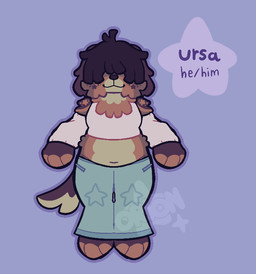 anthro arm_warmers armwear bangs bottomwear brown_body brown_fur clothing covered_eyes crop_top denim denim_bottomwear denim_clothing floppy_ears fluffy fluffy_chest freckles fur jeans male navel pants shirt sleeveless_shirt slightly_chubby slightly_chubby_anthro slightly_chubby_male smile solo star_pattern topwear slowrion ursa_(slowrion) canid canine canis domestic_dog herding_dog mammal pastoral_dog sheepdog watermark