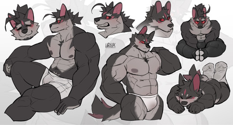 abs ahoge anthro barazoku beard biceps bottomwear boxers_(clothing) bulge butt chest_tuft clothing facial_hair flexing fluffy fluffy_tail footwear hair hand_behind_back looking_at_viewer lying male mostly_nude muscular muscular_arms muscular_legs muscular_male navel on_front pants pecs ponytail red_eyes sitting smile socks solo standing tail thong tuft underwear uriex clive_the_wolf_(uriex) canid canine canis mammal wolf hi_res model_sheet